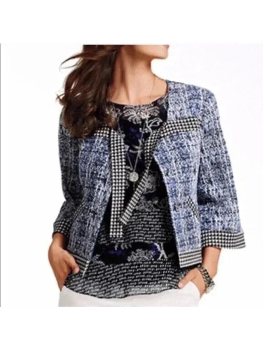 Cabi EUC Women's Reina 21 Club Houndstooth Blue Black Blazer Tie Front Size M